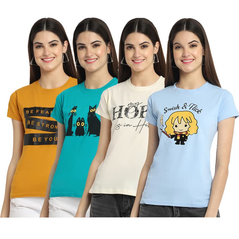 Preneum Womens Cotton Regular Fit Latest Graphic Stylish Printed Short Sleeves Casual T-Shirt || Trends & Stylish (Pack 4), Bei