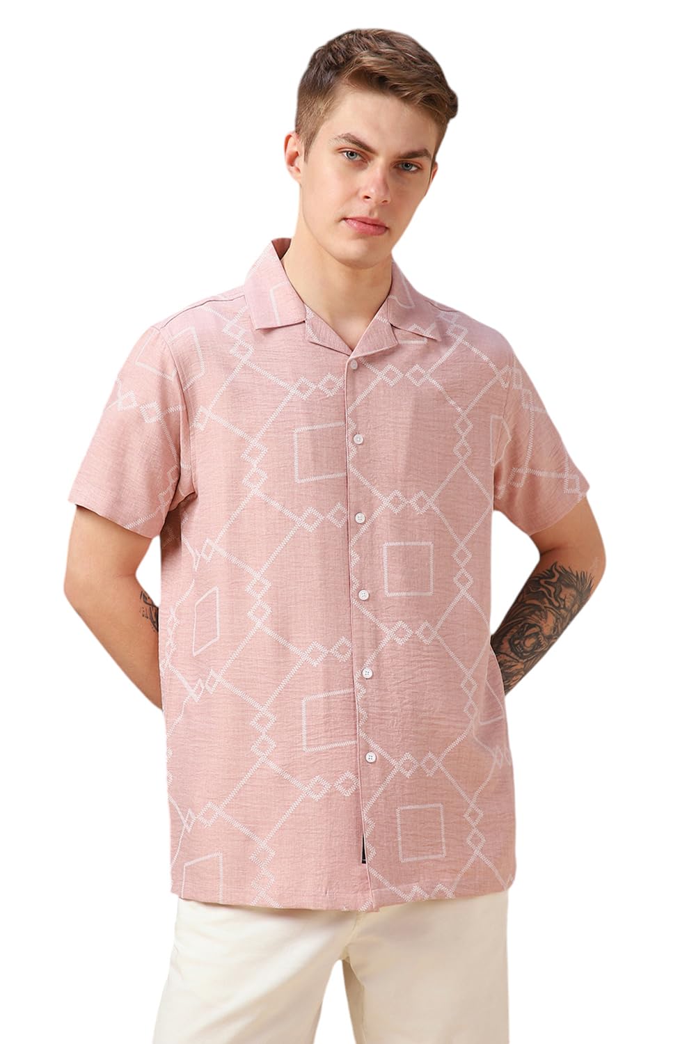 Dennis Lingo Pink Printed Polyester Relaxed-Fit Half-Sleeve Shirt For Men
