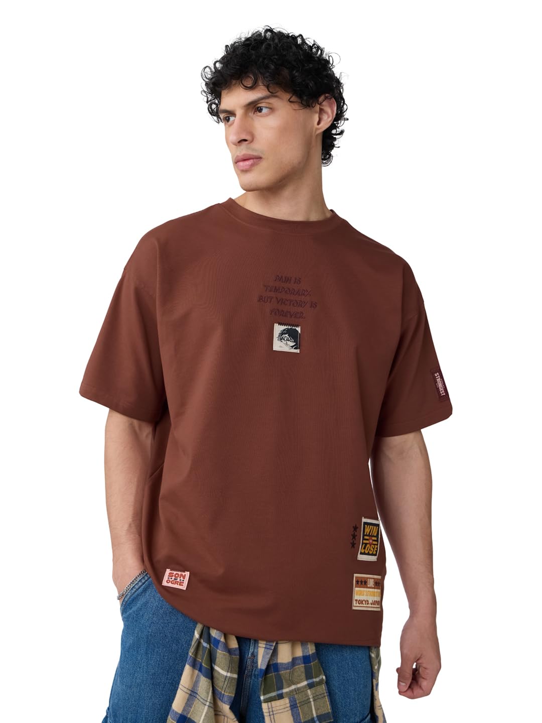 The Souled Store Baki Hanma: Badges Men and Boys Short Sleeves Round Neck Brown Embellished Cotton Oversized T-Shirts