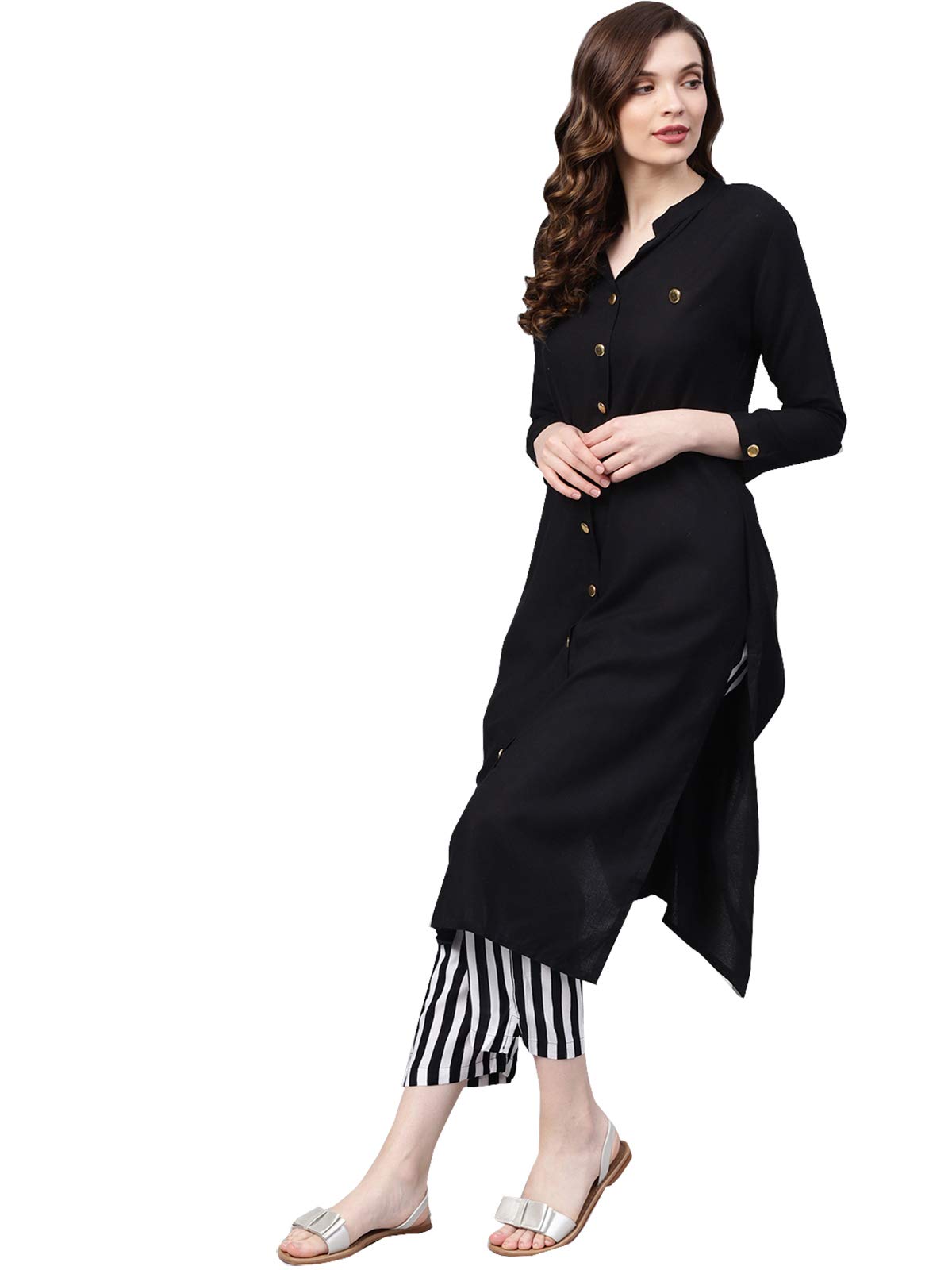Ishin WomenS Rayon Black & White Solid A-Line Kurta Set With Palazzo