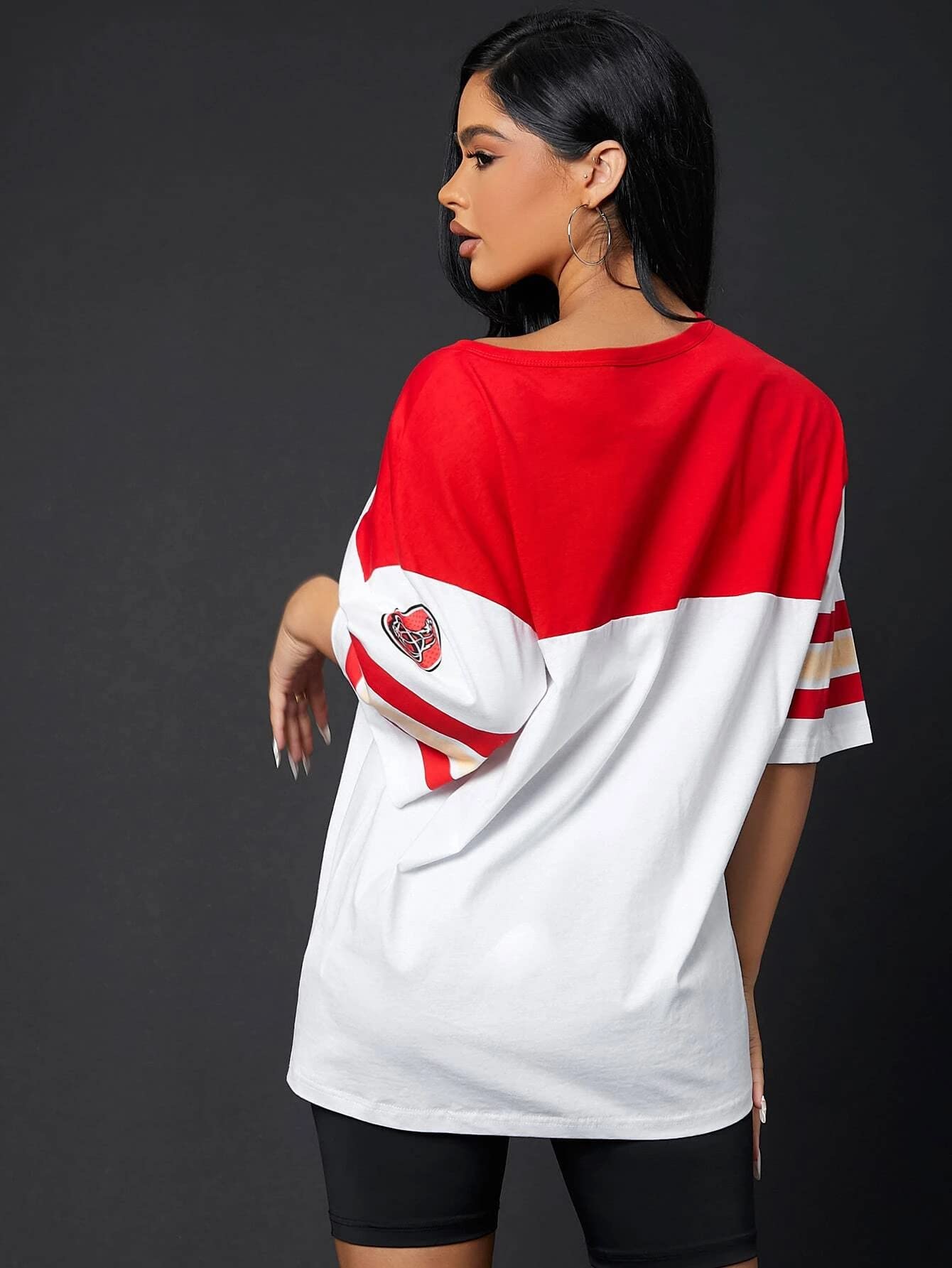 Juneberry Oversized Loose Fit Drop Shoulder Printed Sports Jersey T-Shirt For Women/Girls Red