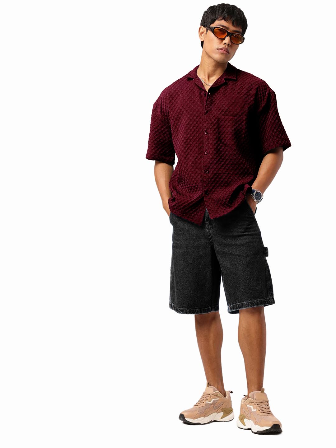 Tee Projekt Mens Regular Fit Popcorn Shirt Half Sleeve Spraed Collar Shirt Maroon