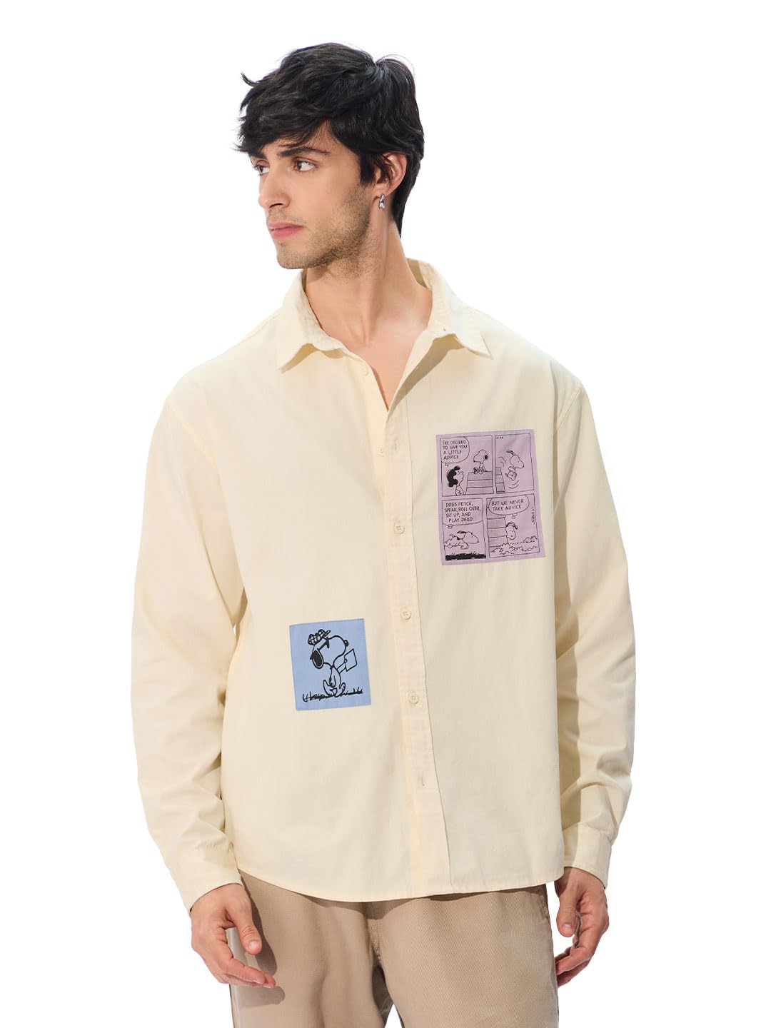 The Souled Store Official Peanuts: Joe Cool Men and Boys Long Sleeve Collared Neck Button Down Linen Relaxed Fit Check Shirts
