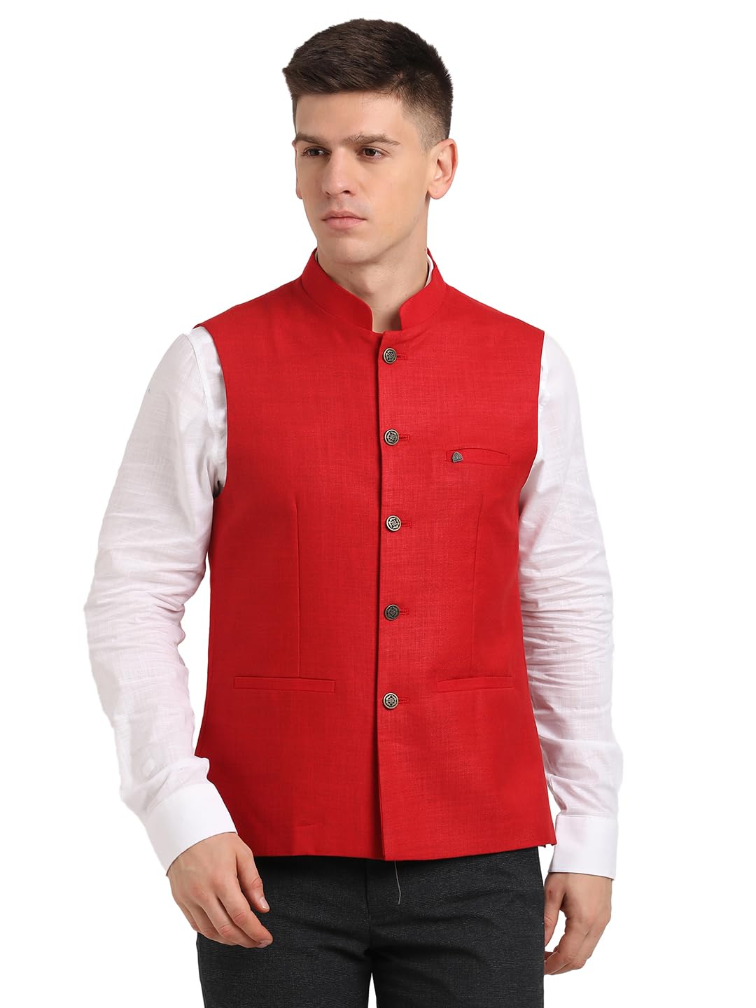 Turtle Men Poly Cotton Red Solid Formal Nehru Jacket