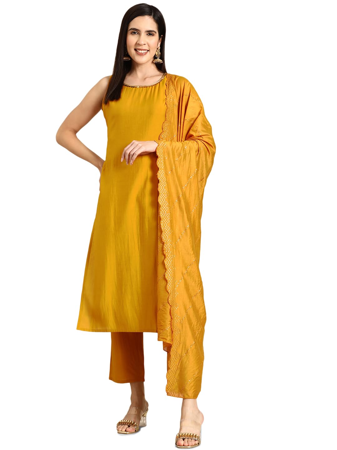 Libas Gerua Womens Solid Silk Blend Straight Kurta With Trousers And Dupatta