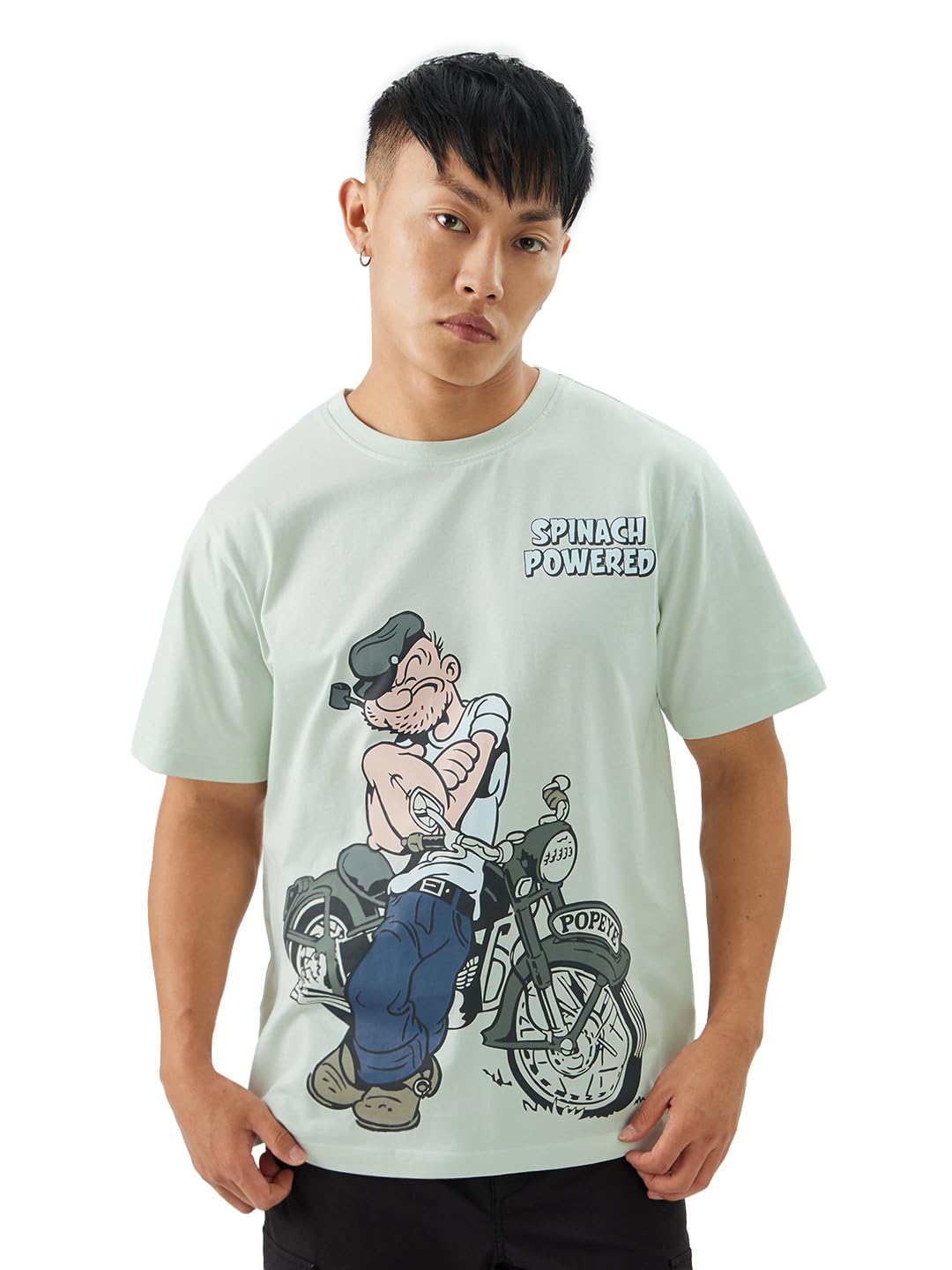 The Souled Store Official Popeye: Spinach Powered Men and Boys Short Sleeve Round Neck Blue Graphic Printed Regular Fit Cotton T