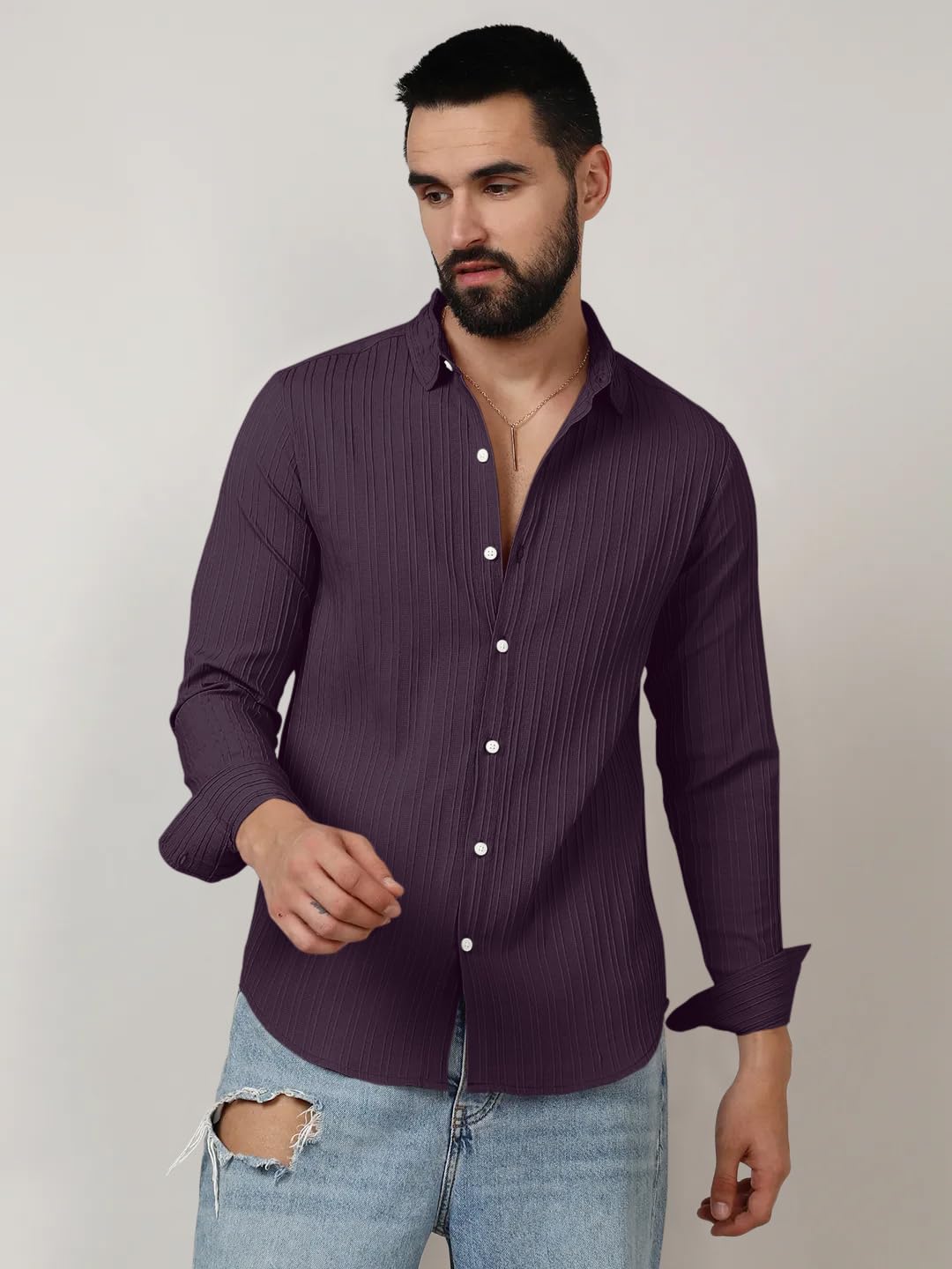 Finivo Fashion MenS Casual Cotton Plain Button Down Shirts Long Sleeve Textured Summer Beach Shirt For Men Purple