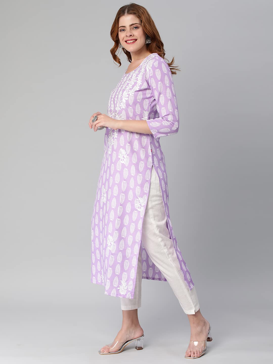 GoSriKi Women's Cotton Blend Printed Straight Chikankari Embroidered Kurta (Nal Purple-GS)