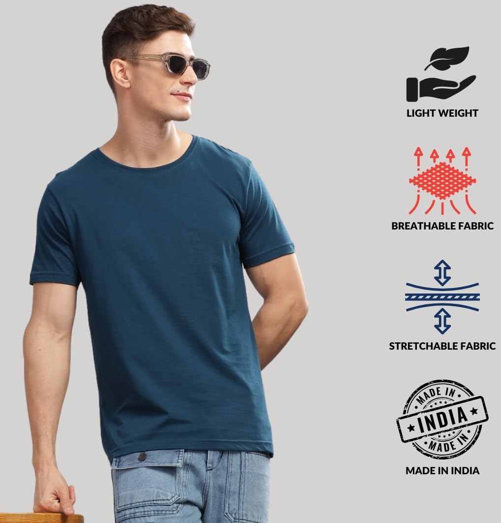 ADRO Men's Solid Regular Fit T-Shirt (RCM3-PLN-SB-OL-BE_Teal,Olive,Beige