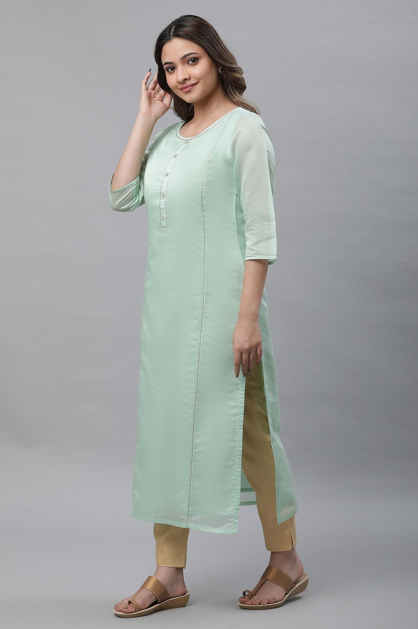 Aurelia Green Solid Blend Straight Long Kurta
