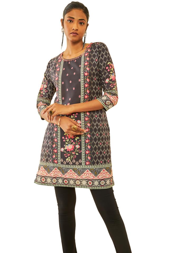 Soch Womens Black Muslin Blend Floral Printed Kurta with Embellishment