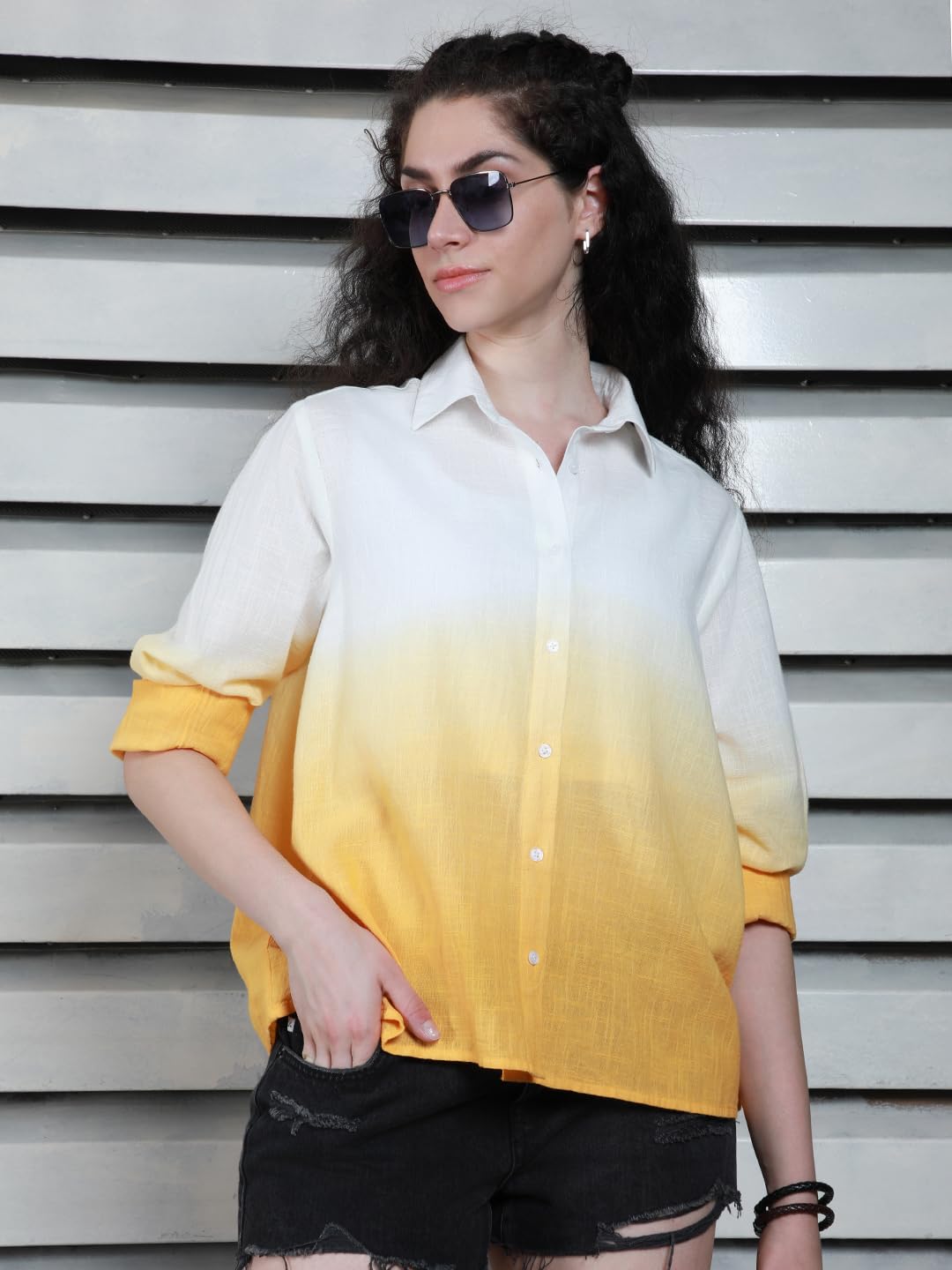 High Star WomenS Oversized Fit Shirt (Hswshs2429_Yellow