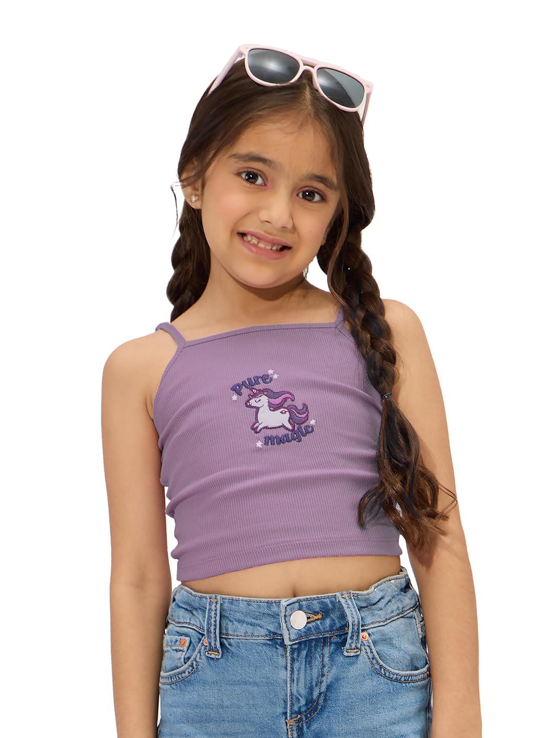 The Souled Store Pure Magic Girls Sleeveless Square Neck Purple Embroidered Cotton Crop Tops