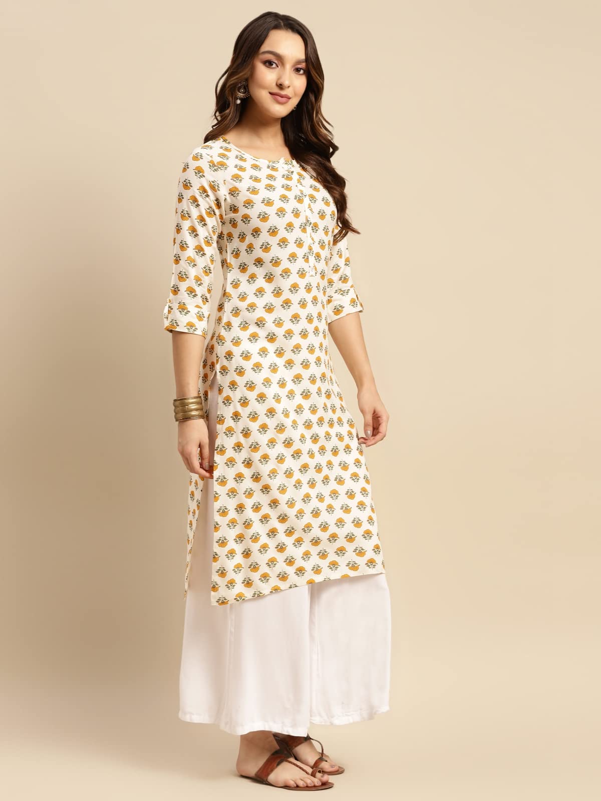 rangita Beige Rayon Calf Length Printed Straight Kurti for Women | Kurta for Women