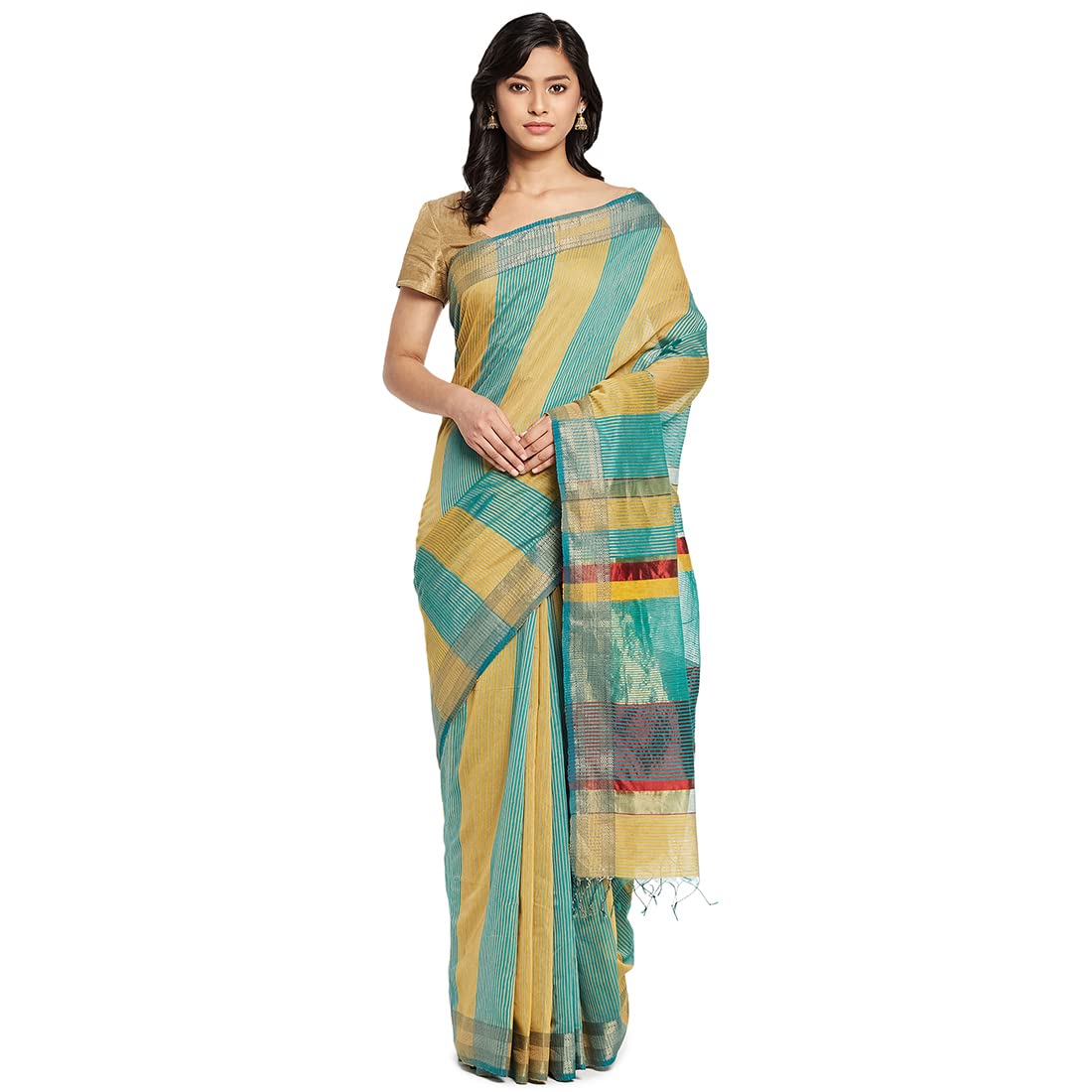 Fabindia Women Cotton Silk Maheshwari Sari Green_Freesize