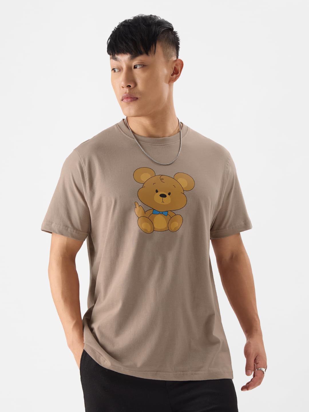 The Souled Store Beary Cute Men and Boys Regular Fit Half Sleeve Graphic Printed Cotton Brown Color T-Shirt