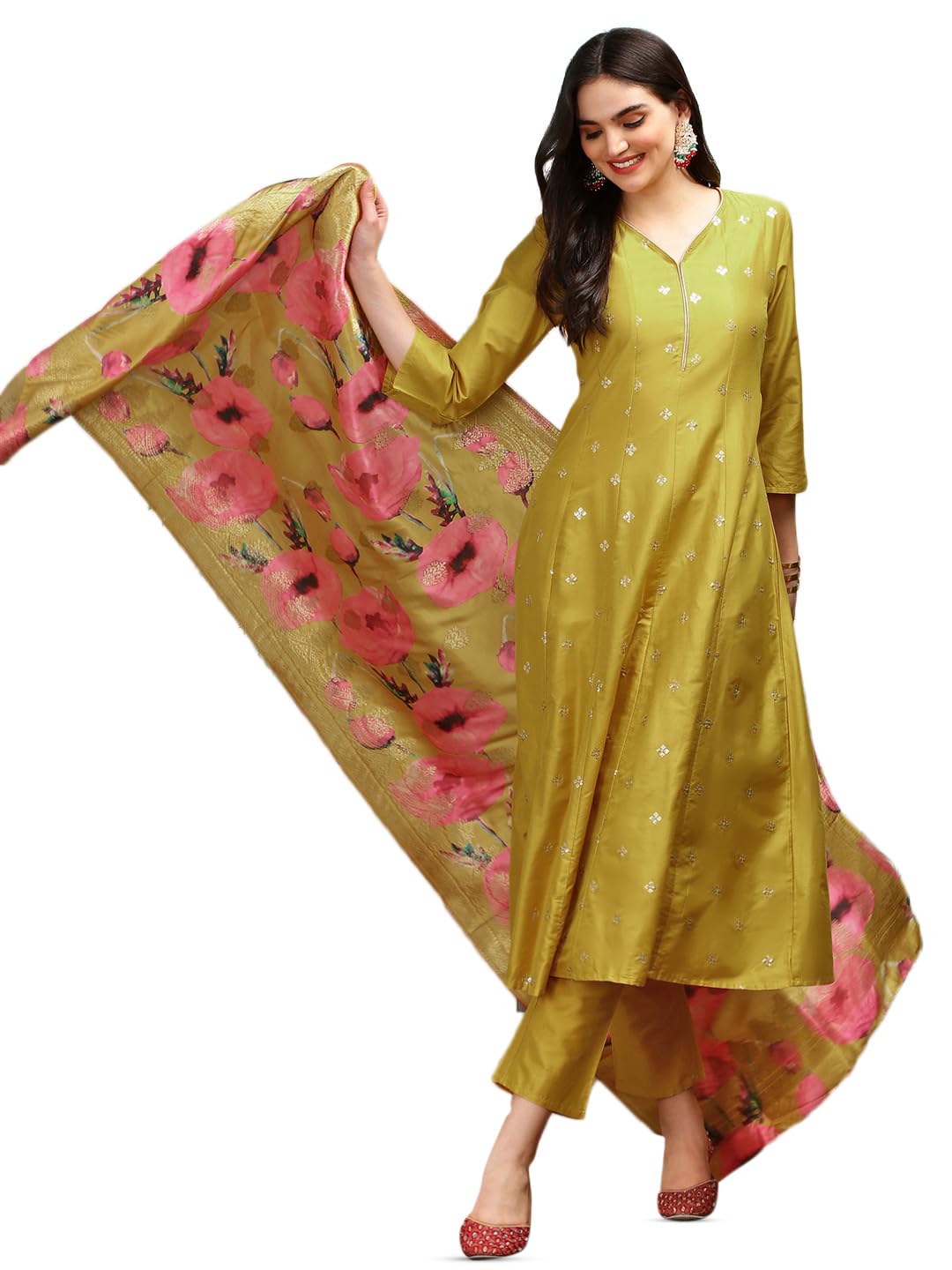 Ishin Mustard A-Line Kurta Set With Printed Floral Dupatta | Kurta Set For Women | Kurta With Trousers And Dupatta