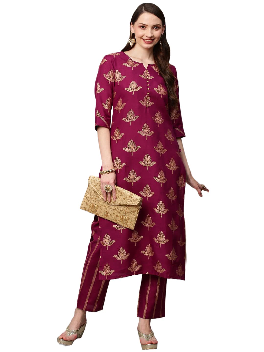 GoSriKi Womens Cotton Blend Printed Straight Kurta with Pant (Garbha-GS)