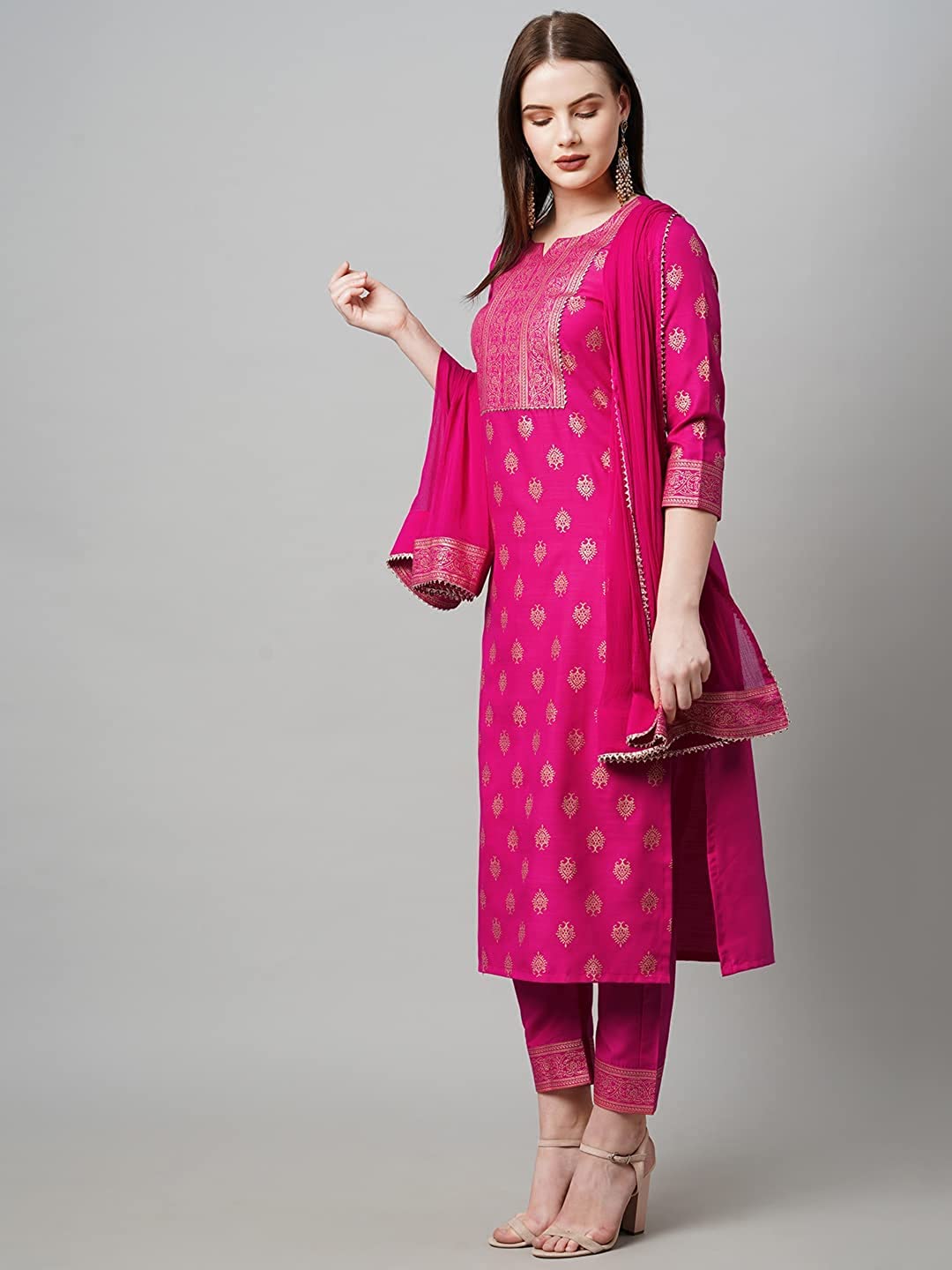 Gosriki WomenS Cotton Straight Kurta With Pant & Dupatta (Kptd-Cot-10132-Pink_S-Gs_Pink_Small)