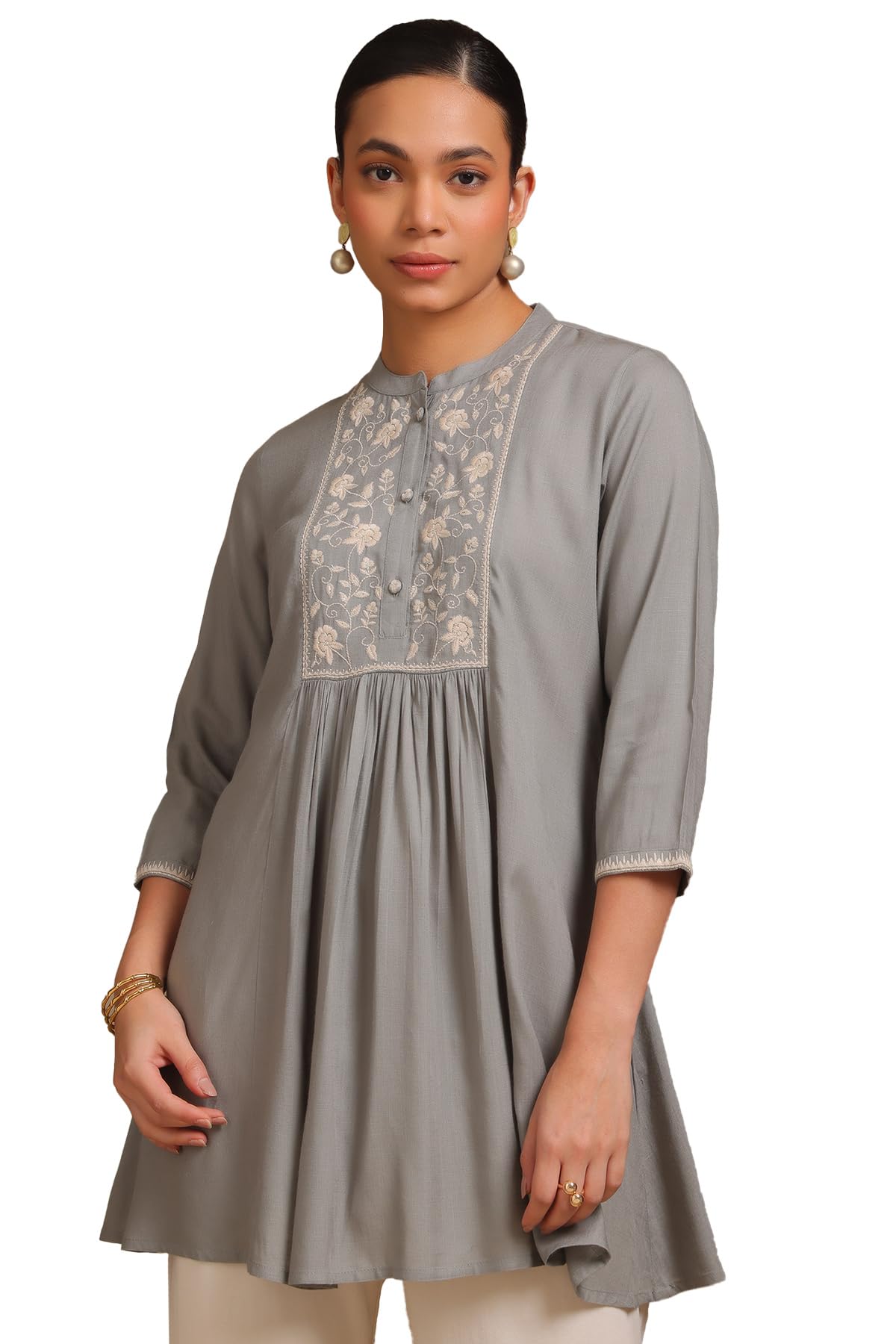 Soch Womens Grey Viscose Solid Tunic with Thread Work