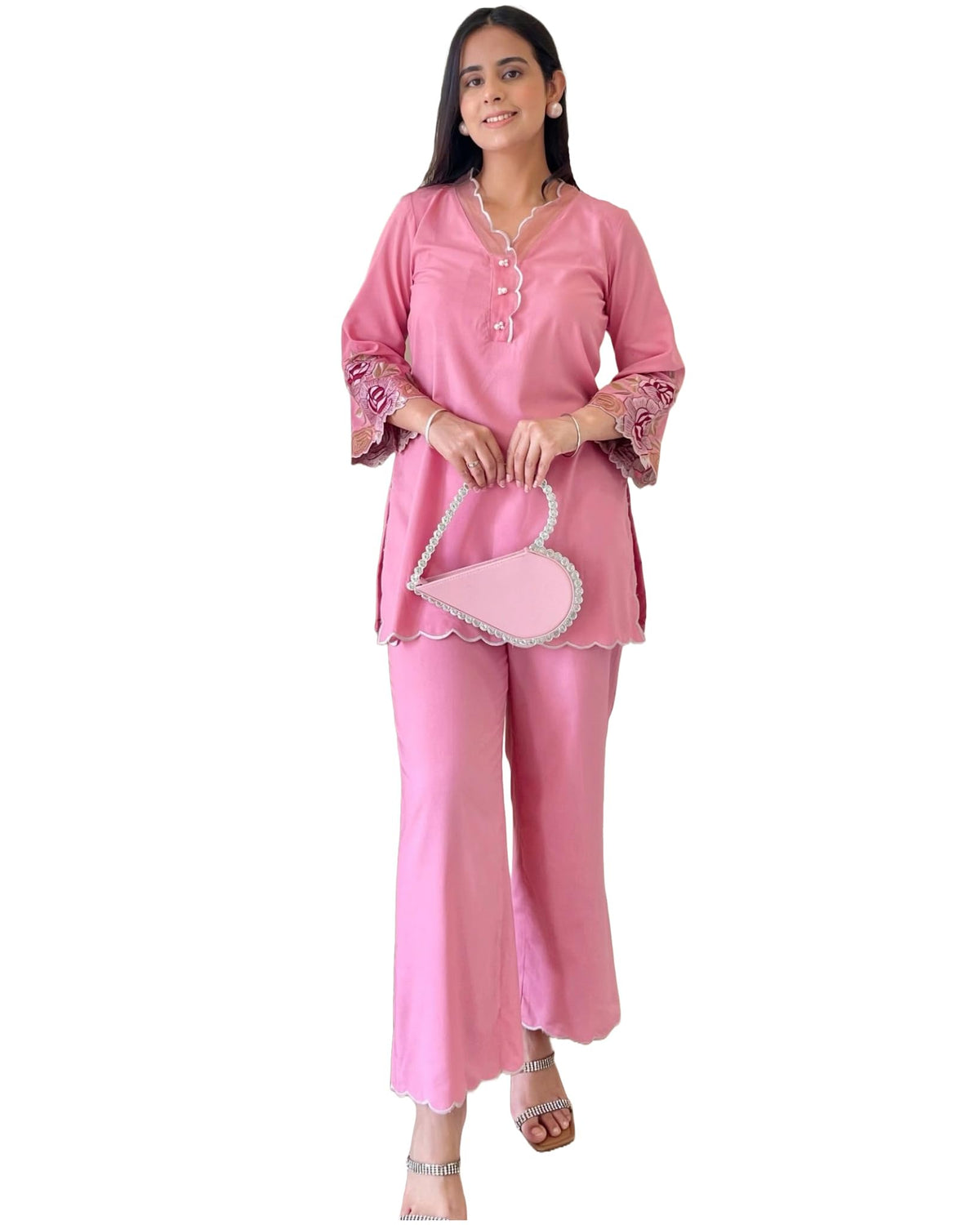 ANNI DESIGNER Womens Cotton Blend Embroidered Ethnic Co-ord Set (Anjeer Pink_L_Pink_Large)