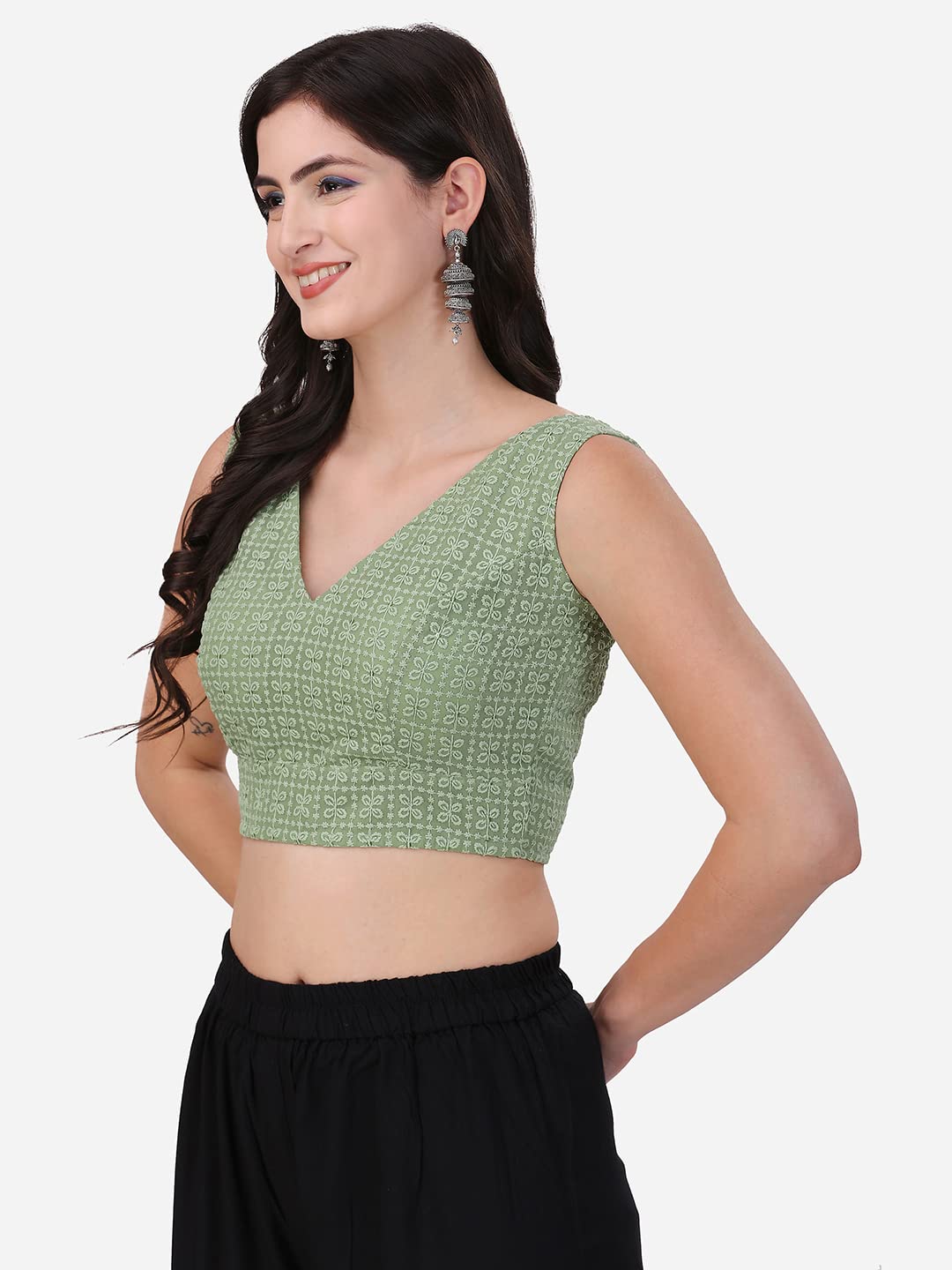OOMPH! Womens Indian Ethnic Wear Designer Square Leaf Pattern V Neck Sleeveless Cotton Pista Blouse for Saree or Lehnga and Blo