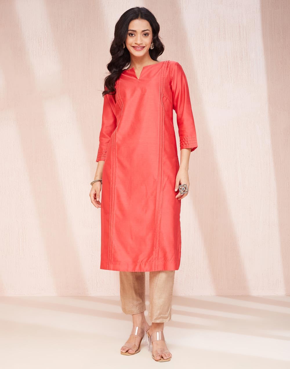 Fabindia WomenS Cotton Silk Solid Regular Kurta (1038022Coral_Coral