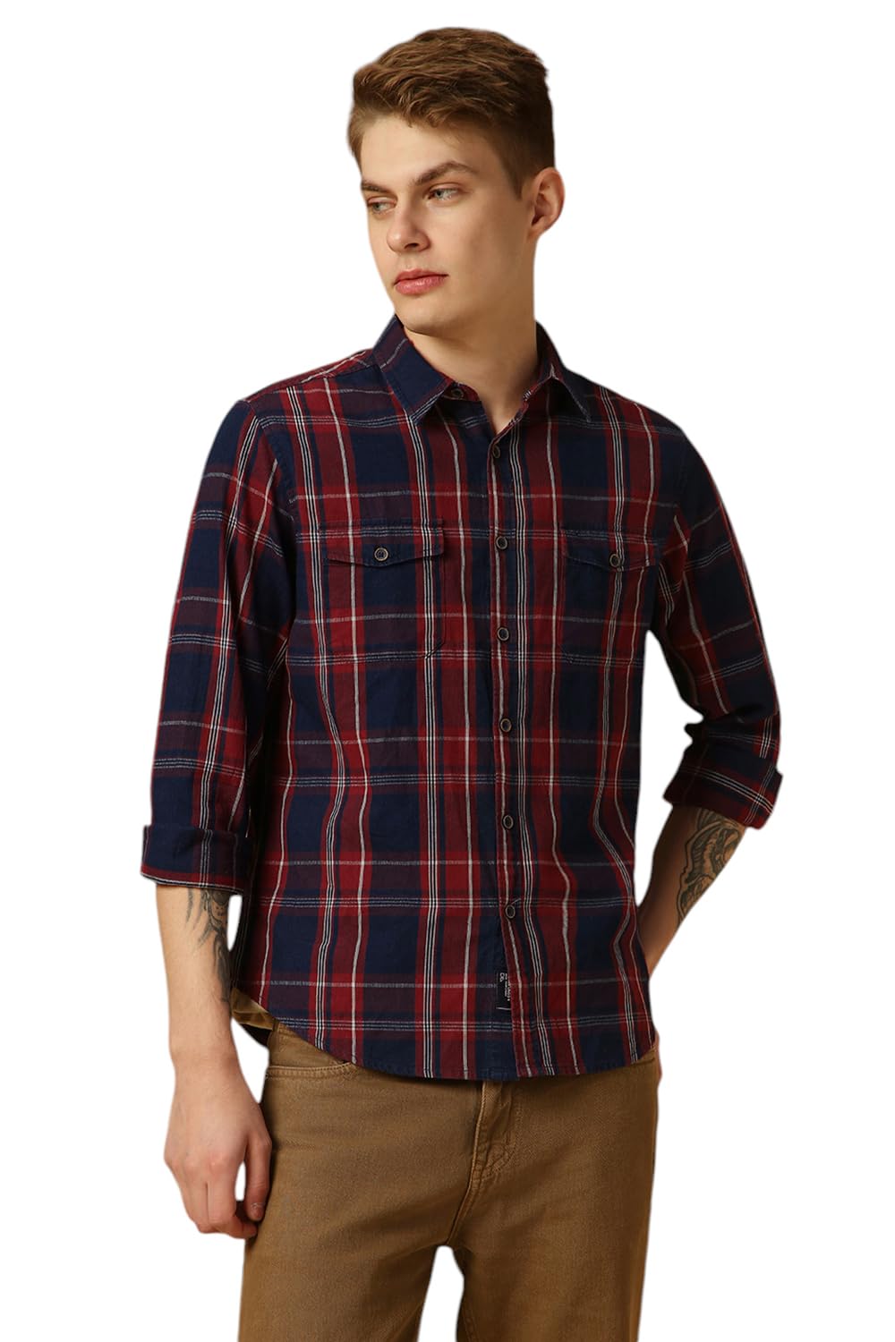 Dennis Lingo Men Navy Blue Checks Relaxed Fit Full Sleeve Spread Collar Shirts