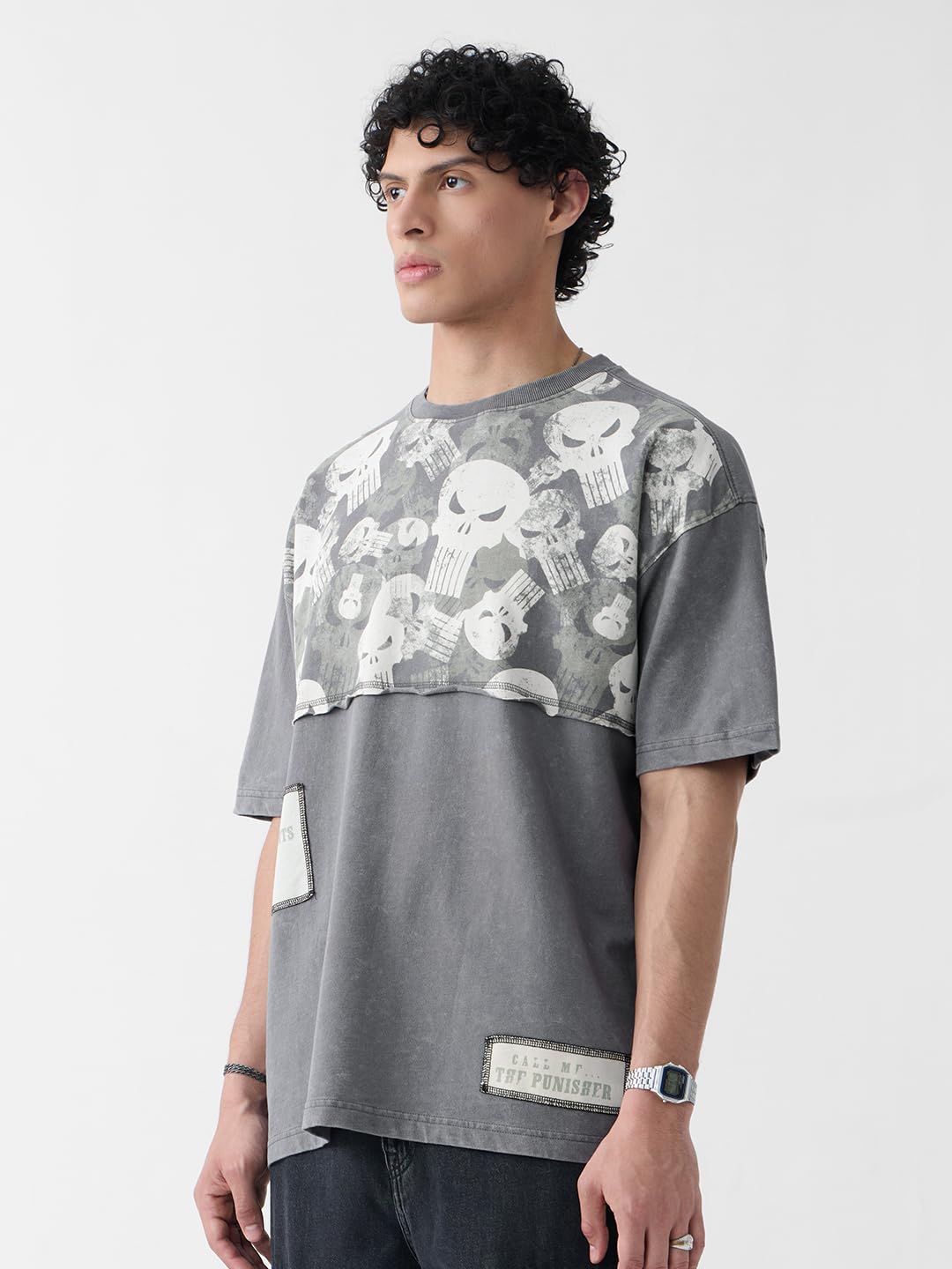 The Souled Store Punisher: Its One Man and Boys Short Sleeves Round Neck Grey Printed Cotton Oversized T-Shirts