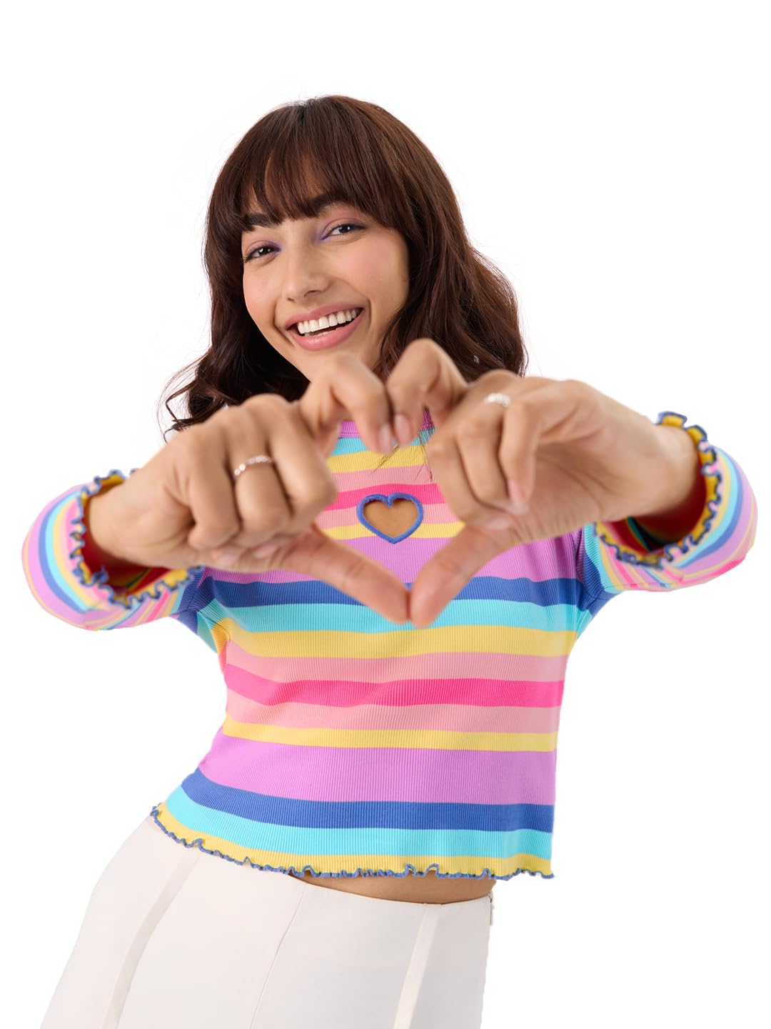 The Souled Store Rainbow Cut-Out Ribbed Top Women and Girls Round Neck Full Sleeves Cotton Blend Slim Fit Tops