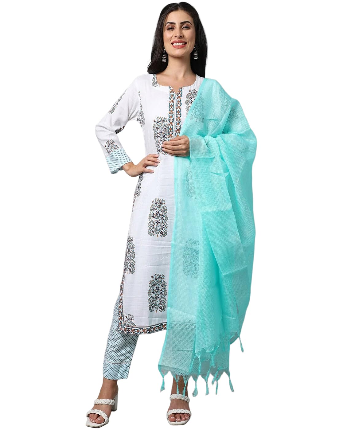 Tee Projekt WomenS Cotton Blend Sweetheart Neck Straight Kurta Pant With Dupatta Set Sea Green