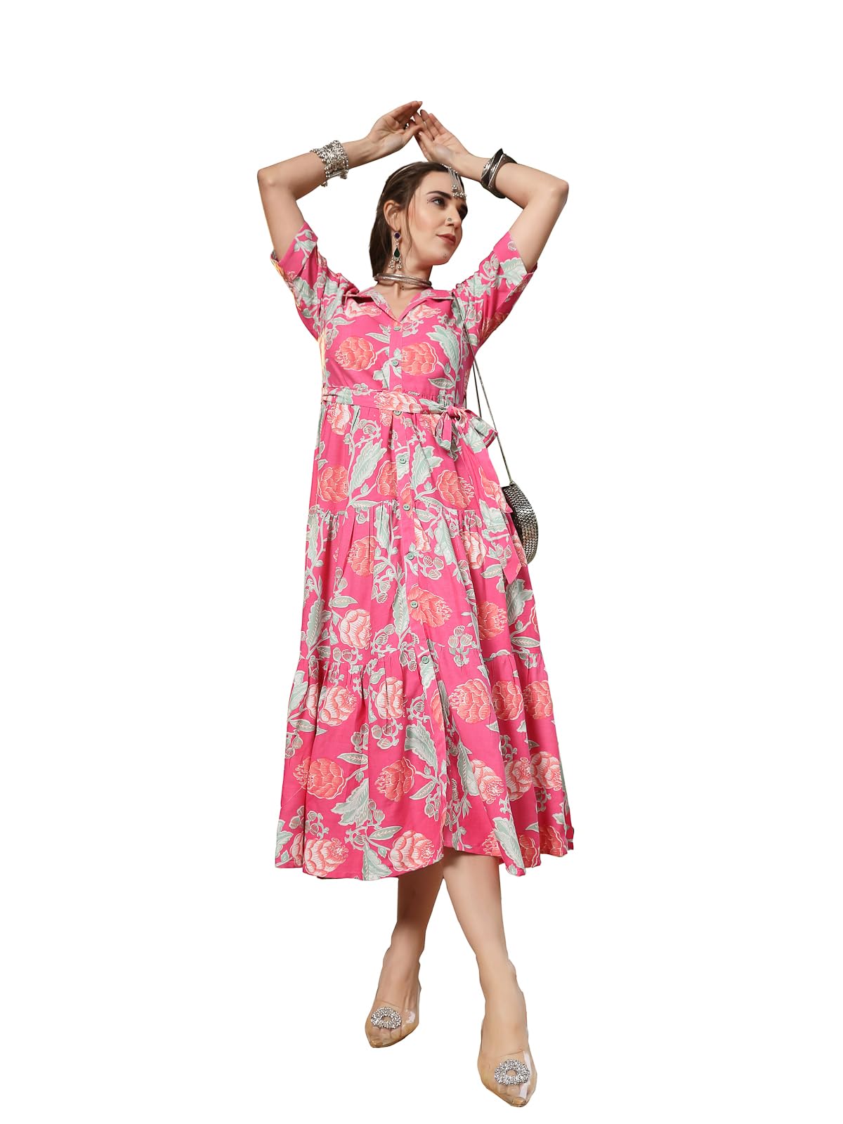 Stylum Womens Pink Floral Printed Rayon Tiered Dress