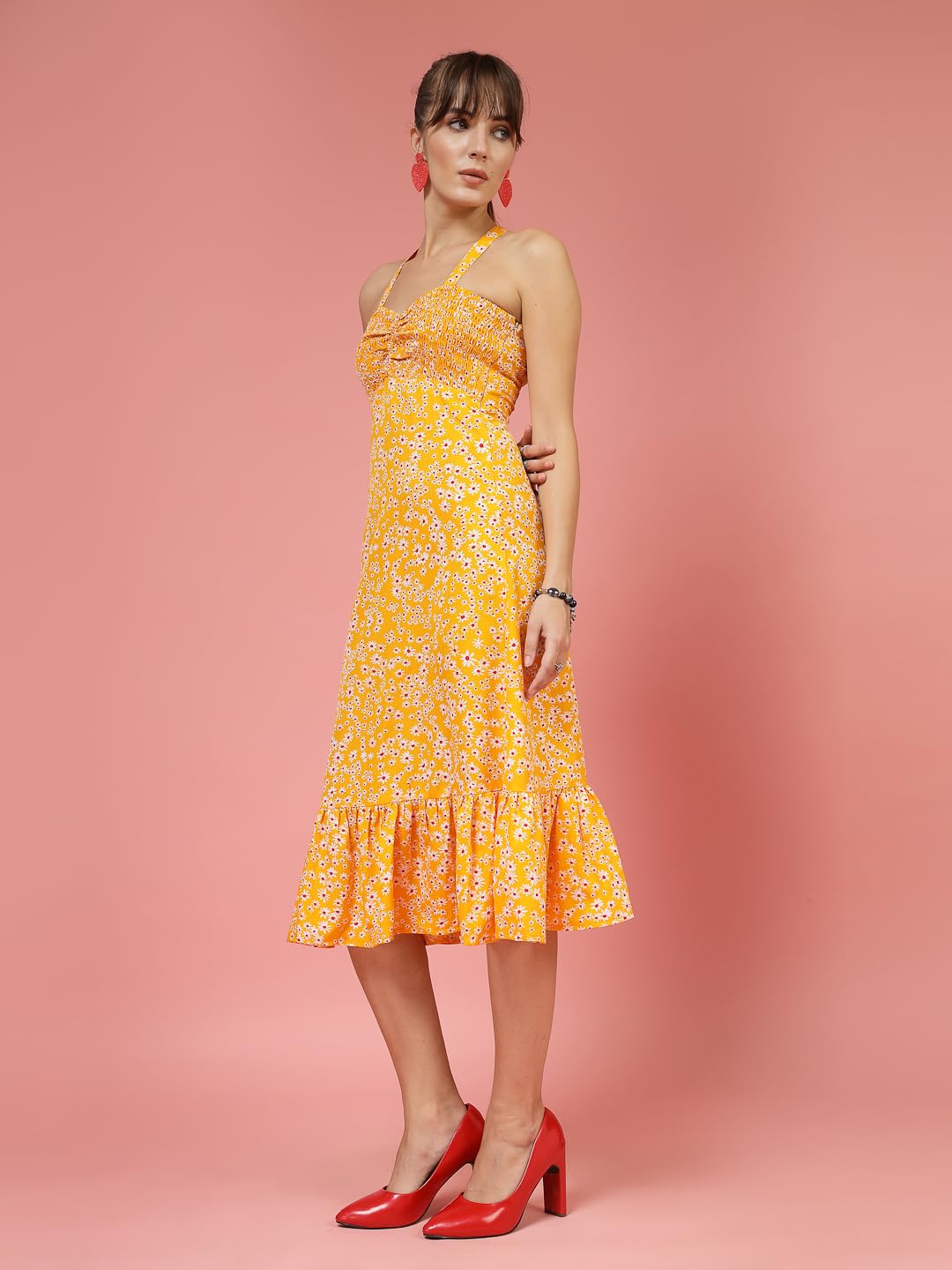 Oomph! WomenS Western & Fusion Wear Printed Crepe Dress For Women, Smocked Bodice, Multicolor - Md1034