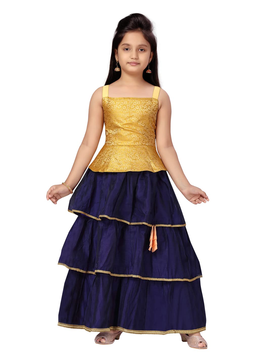 Aarika GirlS Silk Lehenga Choli Set (Lch-A-22110_Yellow-Navy Blue_9-10 Years)