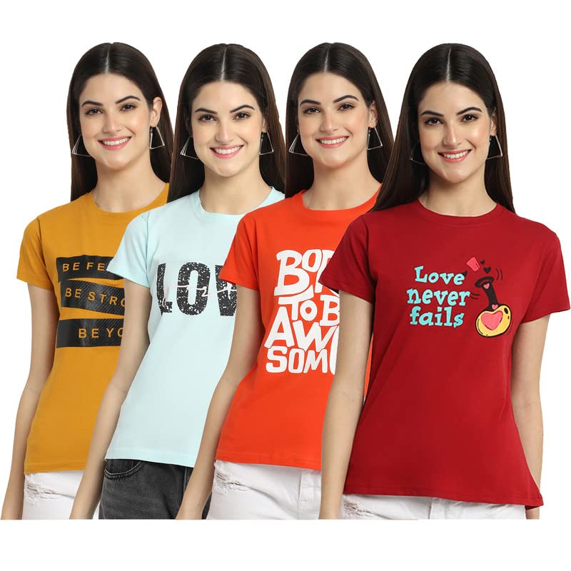 Preneum Womens Cotton Regular Fit Latest Graphic Stylish Printed Short Sleeves Casual T-Shirt || Trendy & Styles (Pack 4), Cand