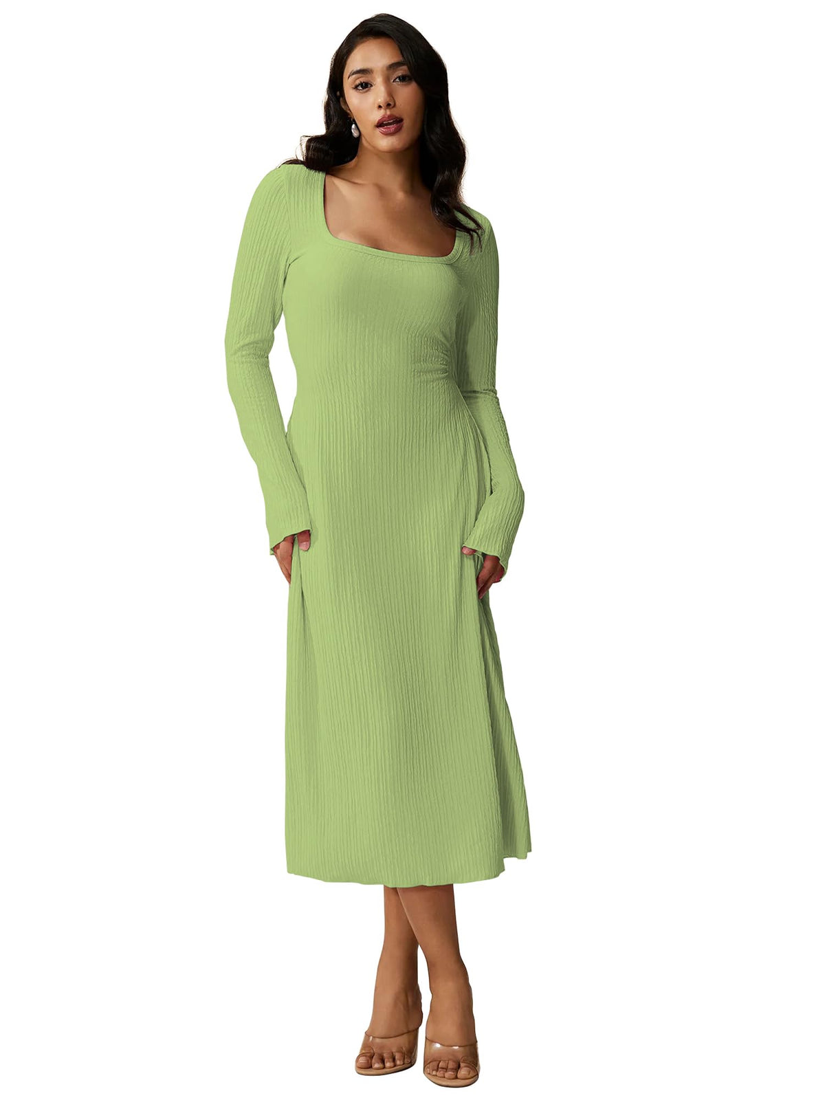 Shasmi Womens Green Square Neck A-Line Dress Long Sleeve, Tie Waist, Knitted Stretchable, Casual & Office Outfit, Solid Winter