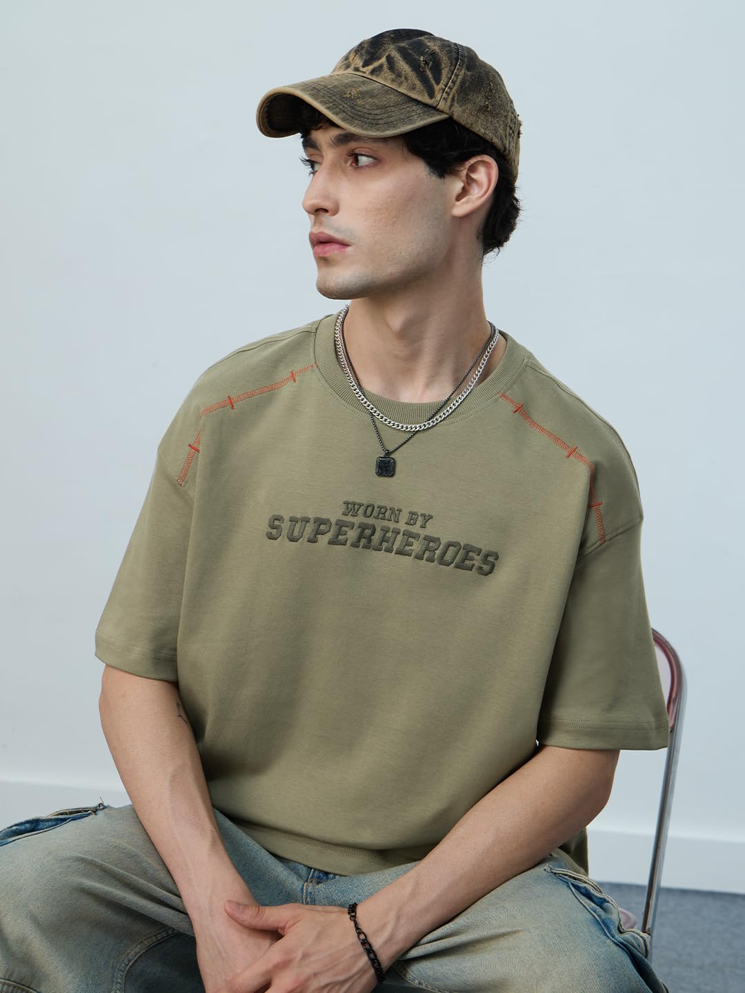 The Souled Store Oversized T-Shirt: Mossy Men and Boys Short Sleeves Round Neck Green Graphic Printed Cotton Oversized T-Shirts