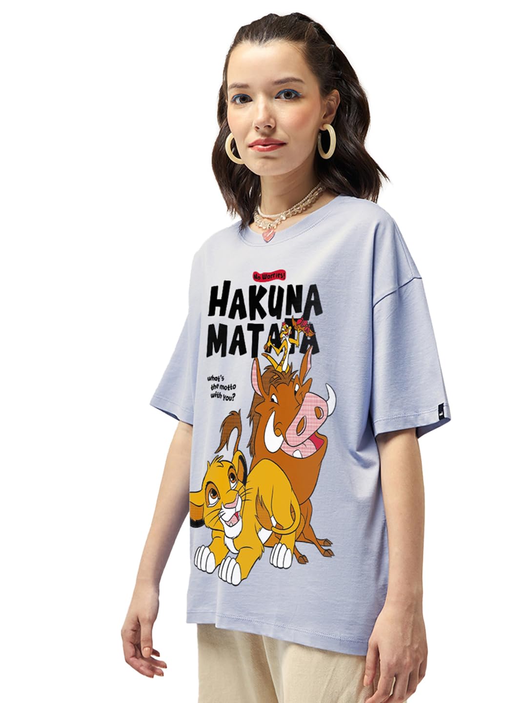 Bewakoof Official Disney Merchandise Hakuna Matata Womens Graphic Printed Oversized Fit Half Sleeve Round Neck Cotton T-Shirt_6