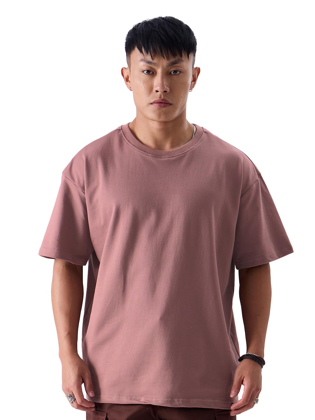 The Souled Store Solids: Dusty Rose Mens Oversized Fit Solid Half Sleeve Cotton Red Oversized T-Shirts Oversized T-Shirts Fashio