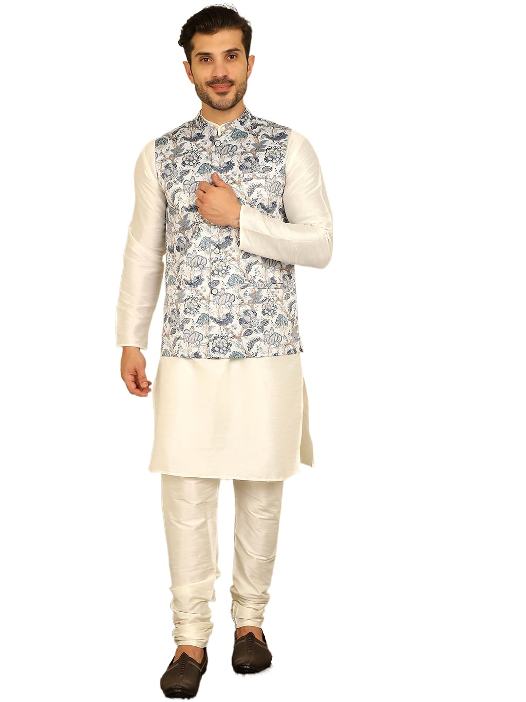 Jompers Mens Floral Printed Nehru Jacket With Kurta Pyjama Set