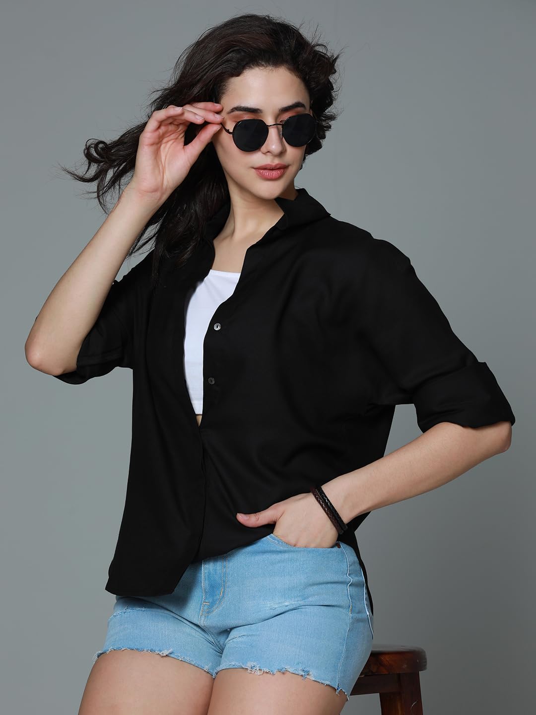 High Star WomenS Solid Oversized Fit Shirt (Hswshs2401_Black