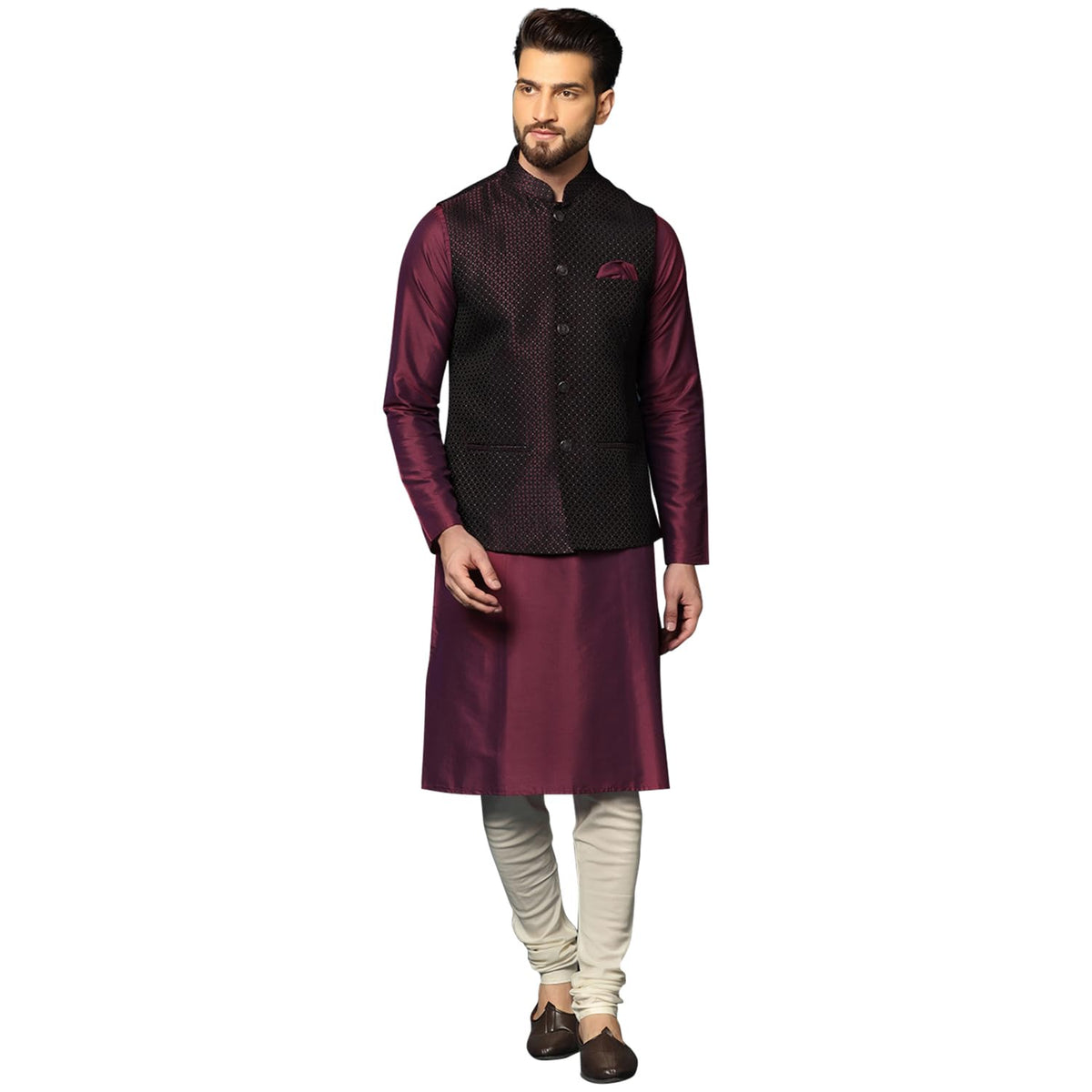 Kisah MenS Maroon Kurta Jacket Churidar Set Cotton Blend, Woven Design, Full Sleeves, Straight, Regular Fit, Mandarin Collar, E