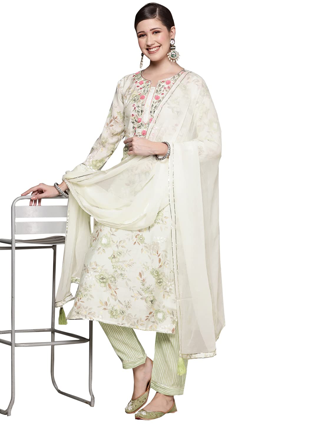ishin Women's Off White Gotta patti A-Line Kurta set With Trouser and Dupatta