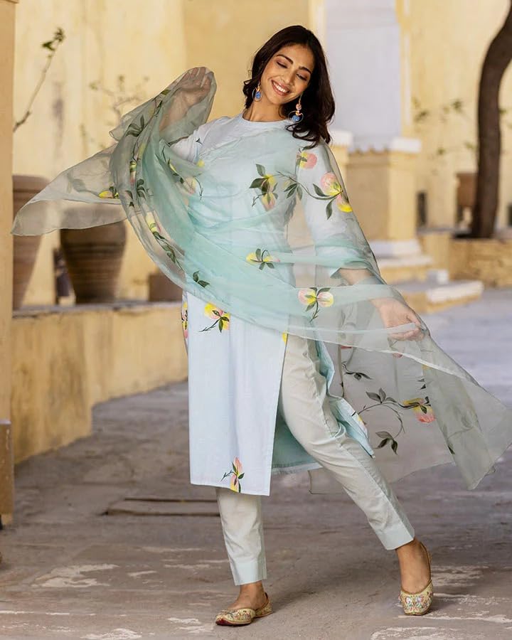 GoSriKi Women's Cotton Blend Straight Printed Kurta with Pant & Dupatta (Taral