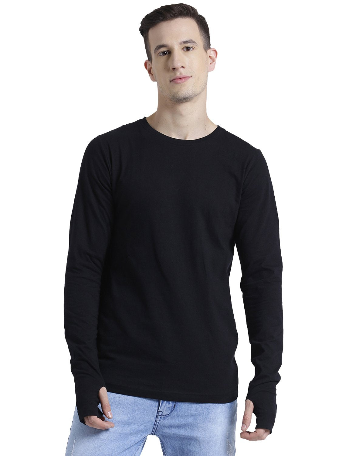 Rigo Round Neck Cotton Mens Tshirt with Thumbhole-Long Sleeve Black