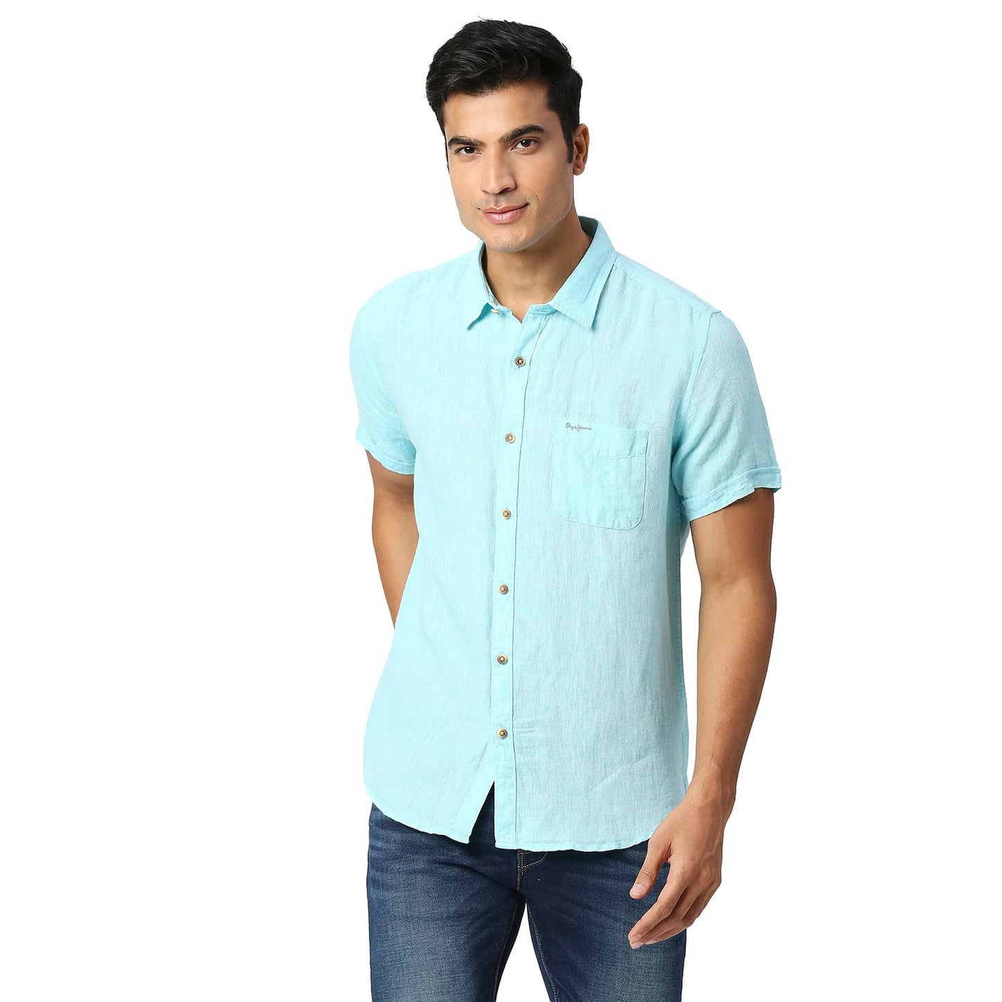 Pepe Jeans Linen MenS Regular Fit Solid Shirts Peach, Medium