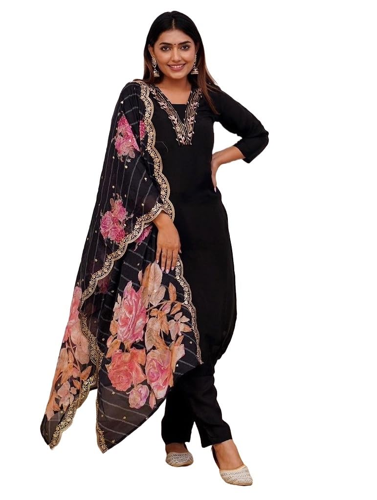KLOSIA Women Embroidery Kurta and Pant Set with Dupatta | Embroidery Kurta Set | Black Suit (in, Alpha, 2XL, Black)
