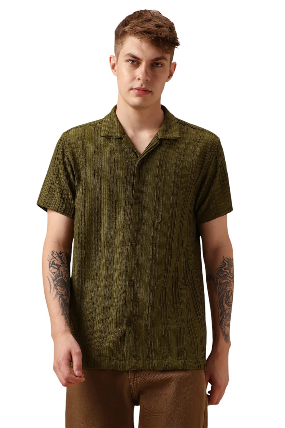 Dennis Lingo Men Olive Poly Seersucker Half Sleeve Shirt Collar Stripes Shirts