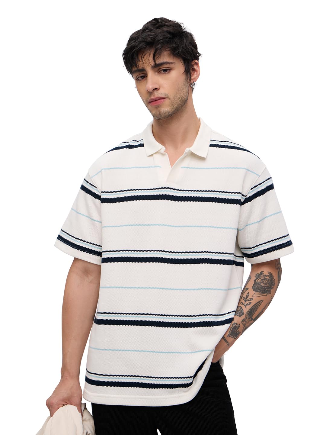 The Souled Store Popcorn Stripes: Nautica Men and Boys Short Sleeves Collared Neck White Striped Cotton Blend Oversized Polos