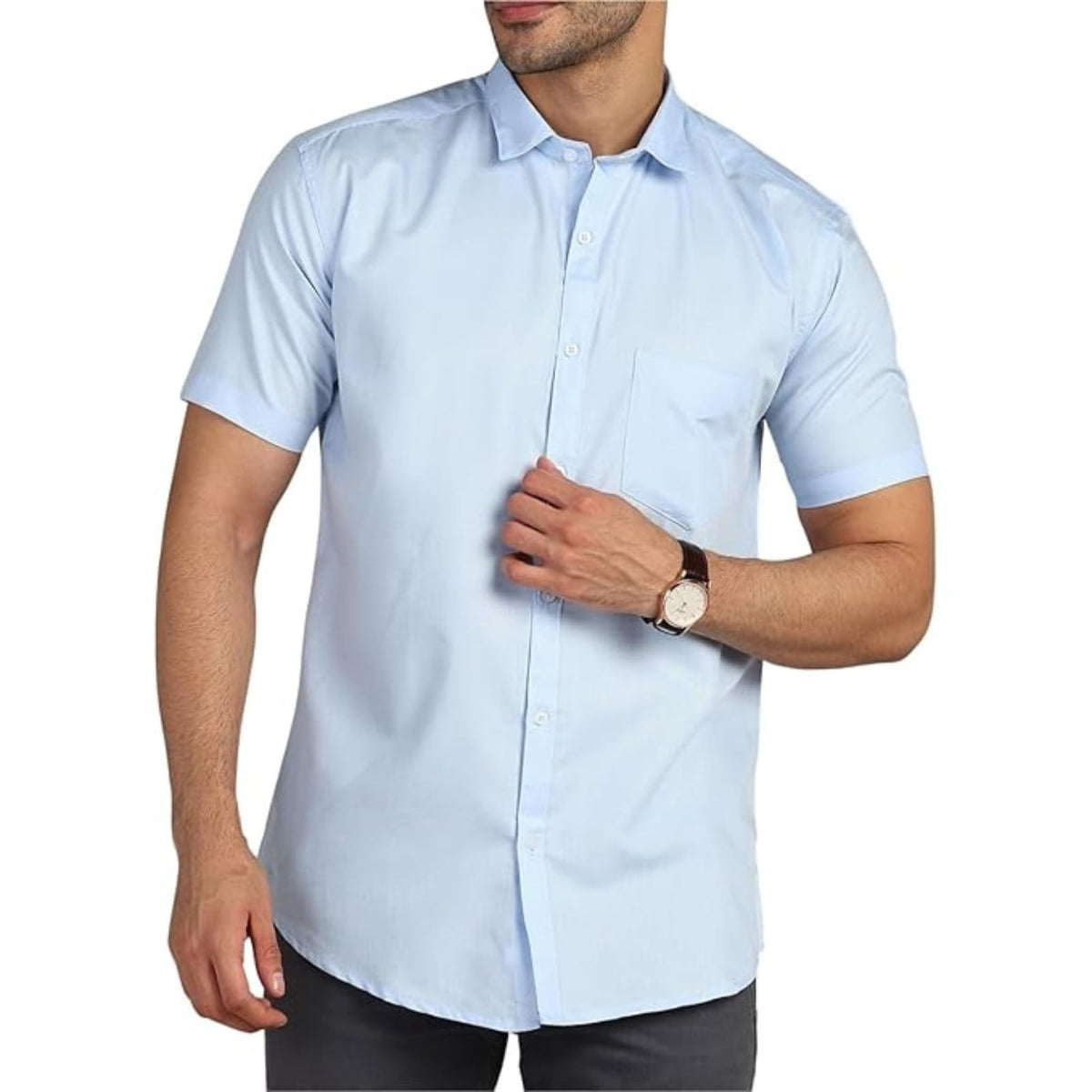 Mildin MenS Regular Cotton Blend Light Blue Slim Fit Solid Button Down Spread Collar Half Sleeve Curved Hemline Formal Shirt Wi
